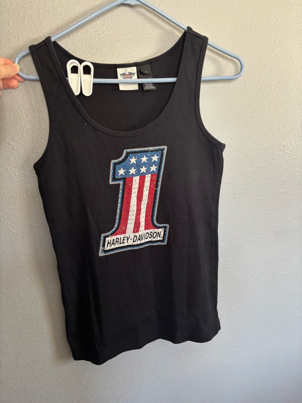 Harley-Davidson Black Tank Top with Red White and Blue Number 1 Patch